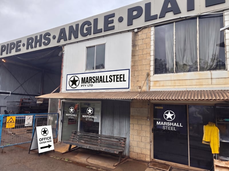 Marshall Steel office shopfront at 9 Stevenson Court, Burleigh Heads — drop in, the office entrance is signposted