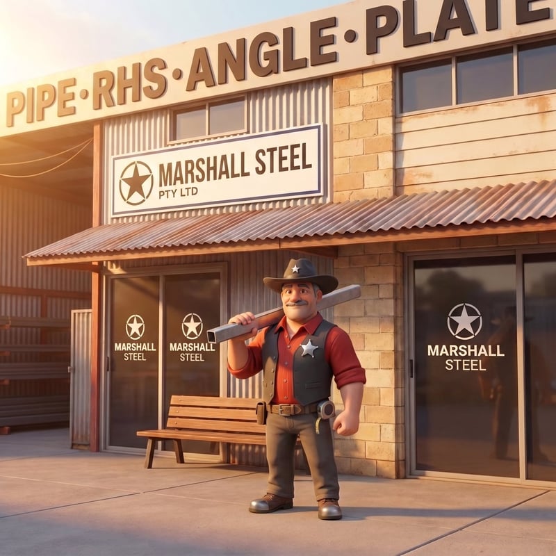 Mal, the Marshall Steel mascot, carrying a length of RHS steel outside the Burleigh Heads yard shopfront